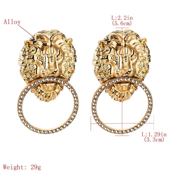 Lion Head Rhinestone Door Knocker Earrings - Picture 6 of 8